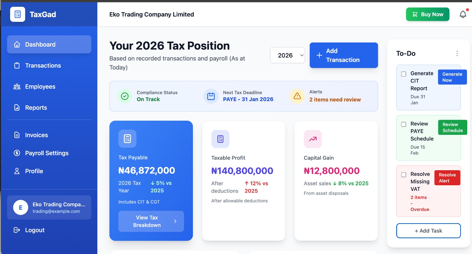 TaxGad Dashboard showing tax calculations, PAYE, and financial overview